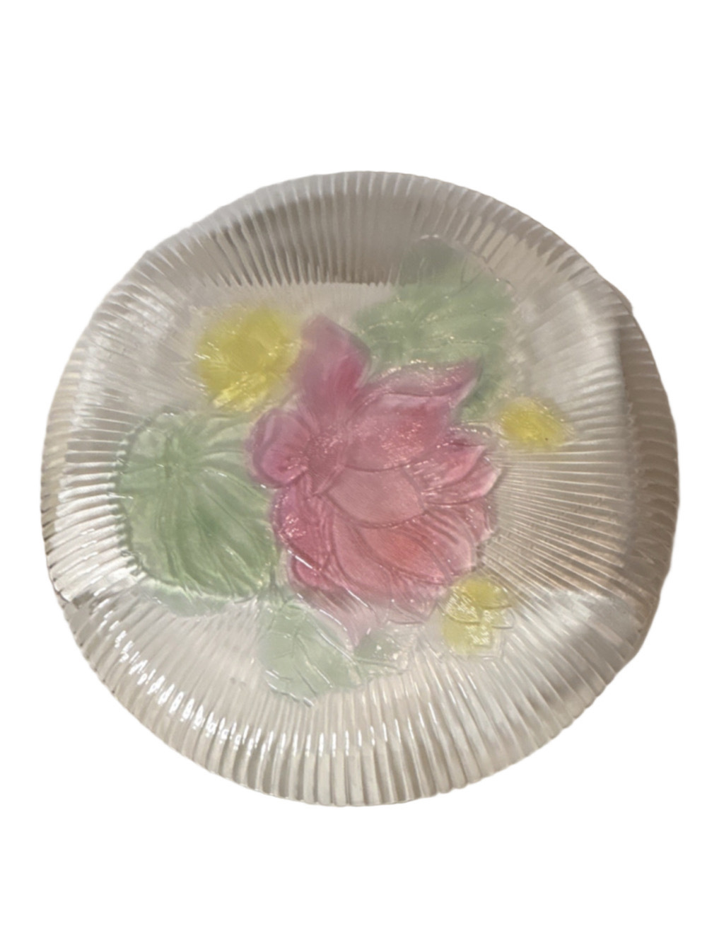 Clear Pink Green Yellow pressed Glass Round platter with Floral Pattern.